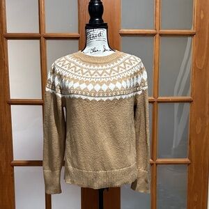 Talbots Camel and White Cotton Knit crewneck Fair Isle  Sweater